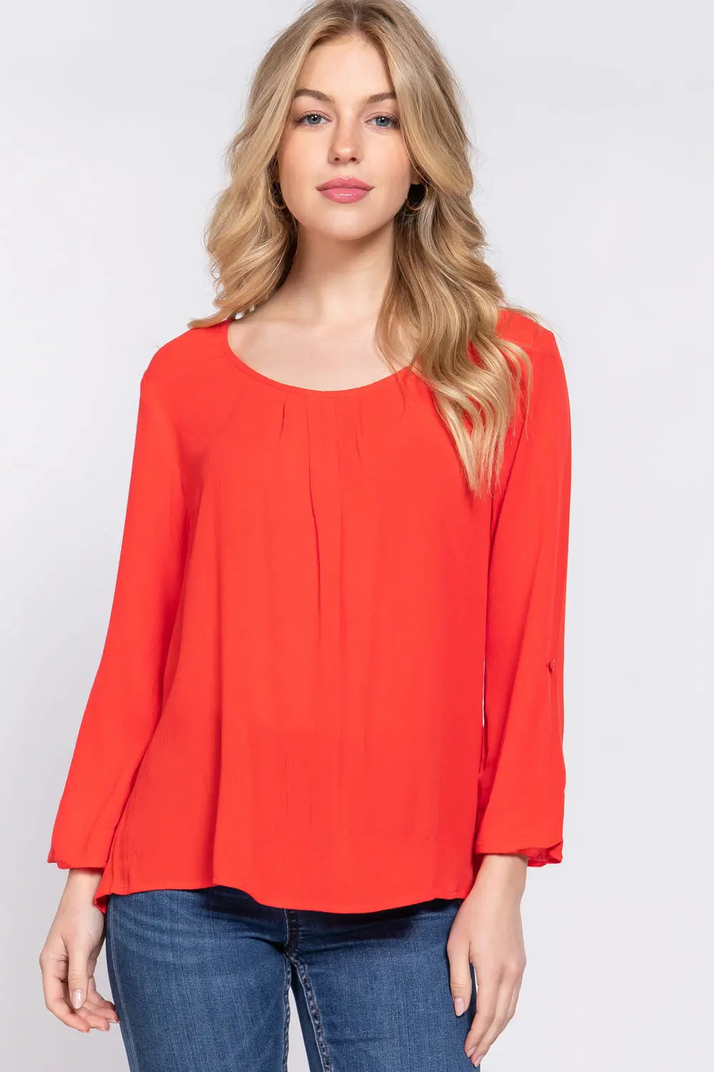 3/4 Roll Up Slv Pleated Blouse Sunny EvE Fashion