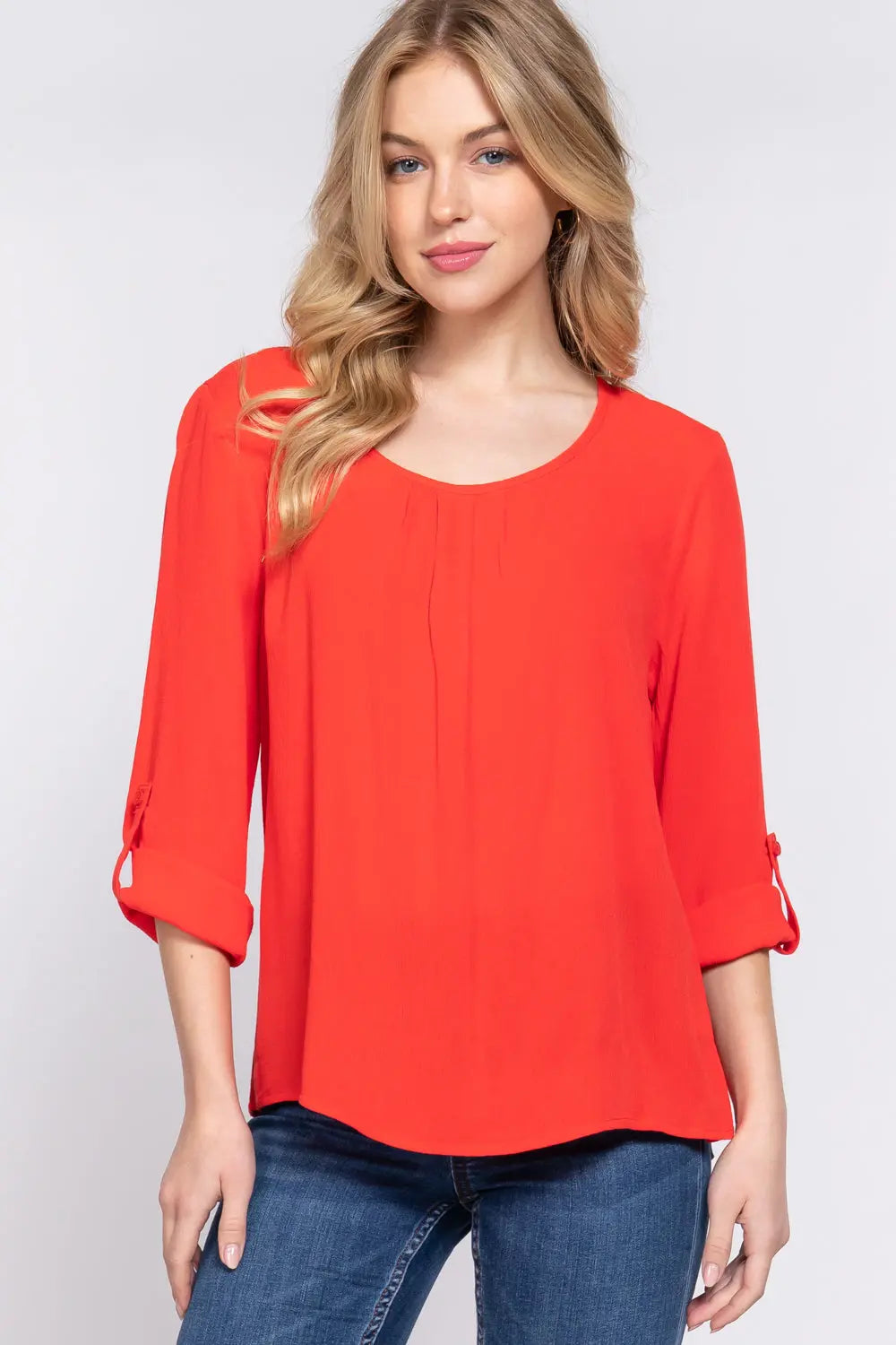3/4 Roll Up Slv Pleated Blouse Sunny EvE Fashion