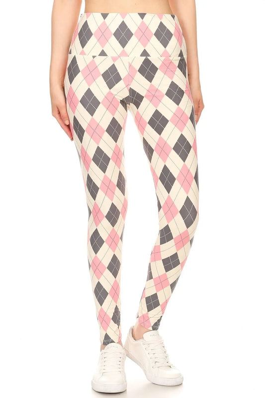 5-inch Long Yoga Style Banded Lined Argyle Printed Knit Legging With High Waist Sunny EvE Fashion