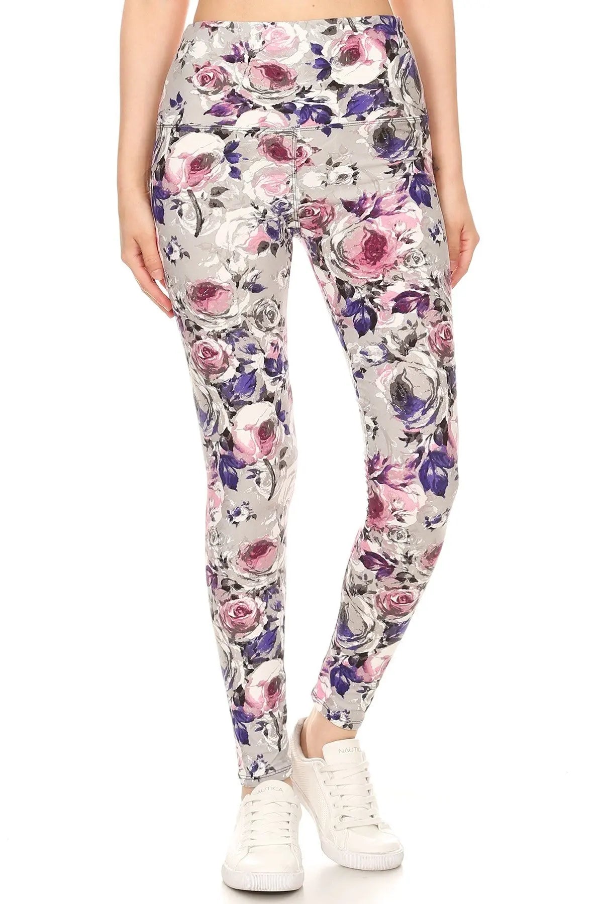 5-inch Long Yoga Style Banded Lined Floral Printed Knit Legging With High Waist Sunny EvE Fashion
