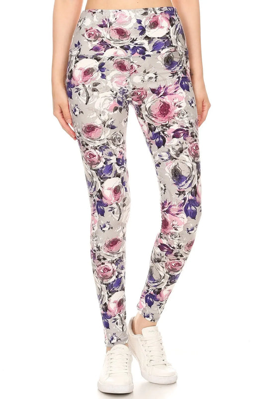 5-inch Long Yoga Style Banded Lined Floral Printed Knit Legging With High Waist Sunny EvE Fashion
