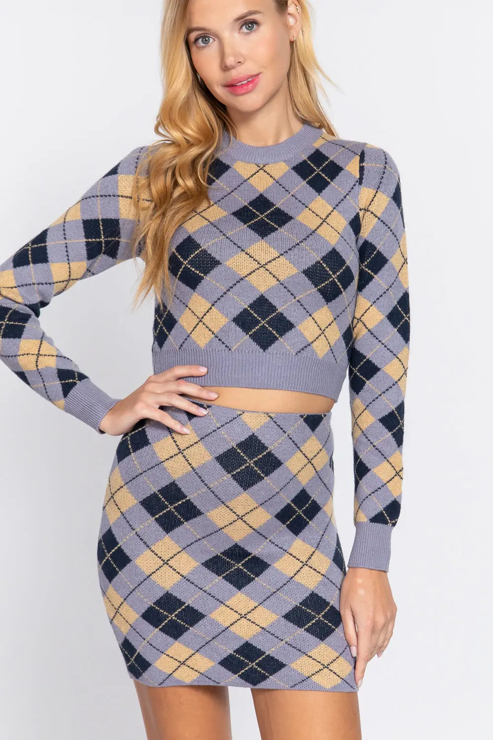Argyle Jacquard Sweater Mini Skirt Sunny EvE Fashion
