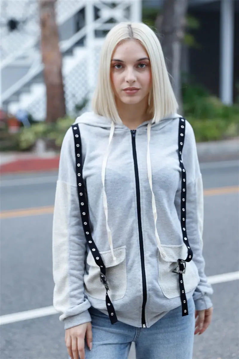 Belt & Reversed Details Zip-up Hooded Sweater Sunny EvE Fashion