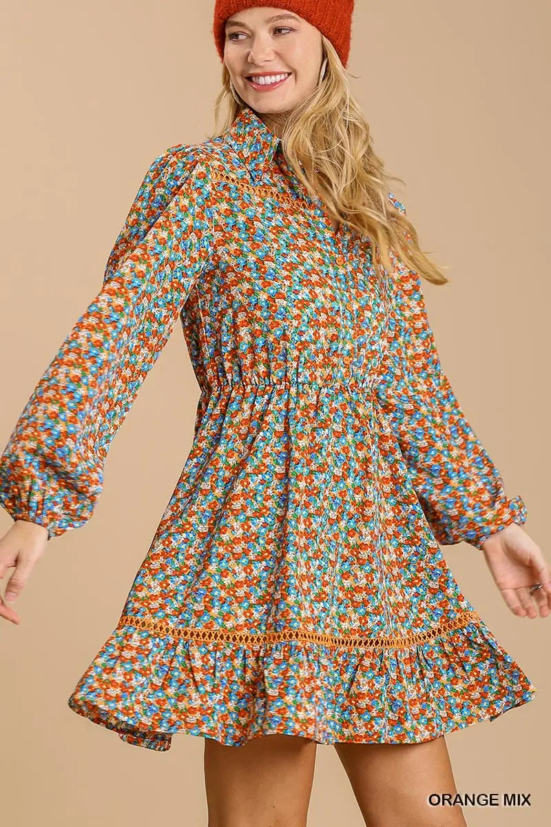 Collared neckline button down floral print dress with crochet trimmed details Sunny EvE Fashion
