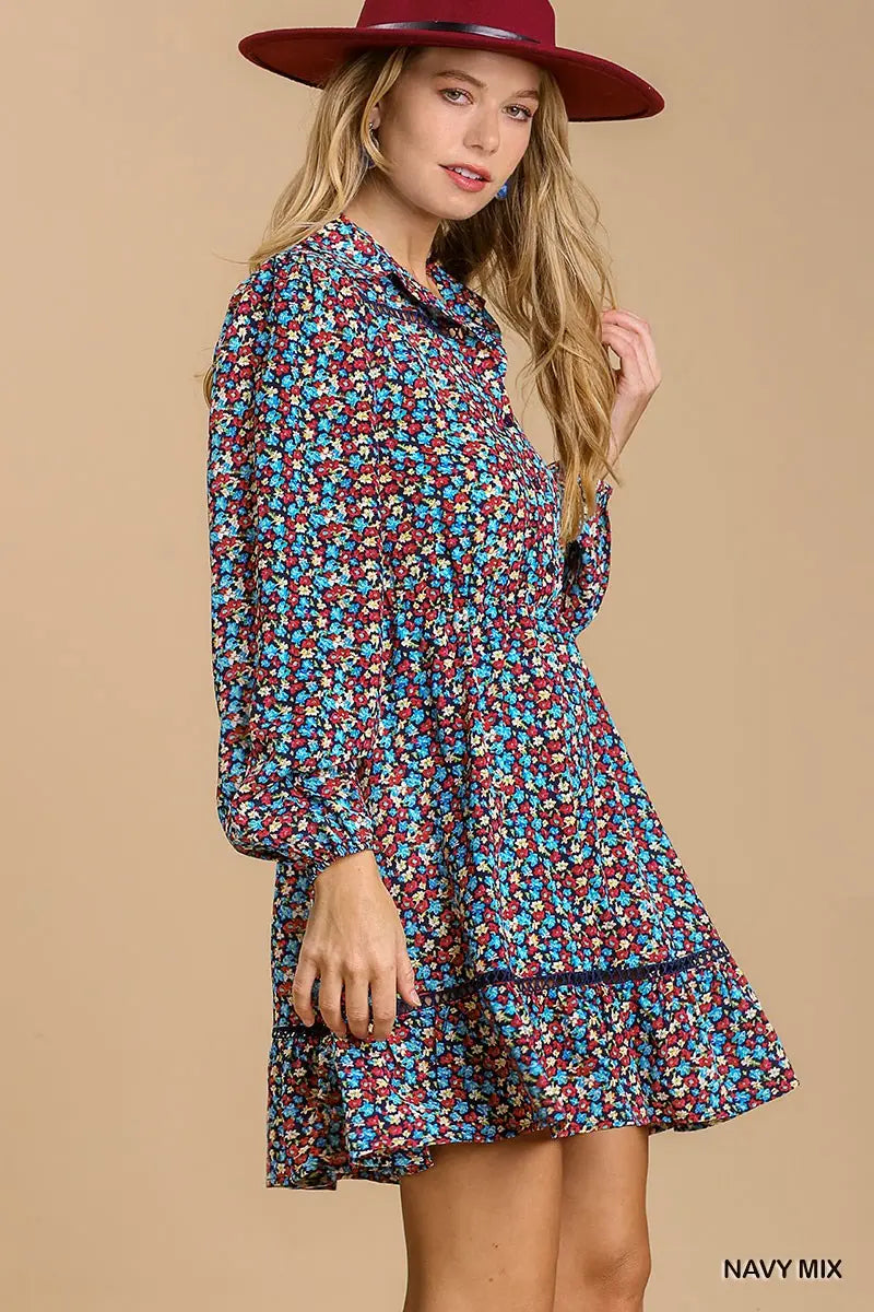 Collared neckline button down floral print dress with crochet trimmed details Sunny EvE Fashion