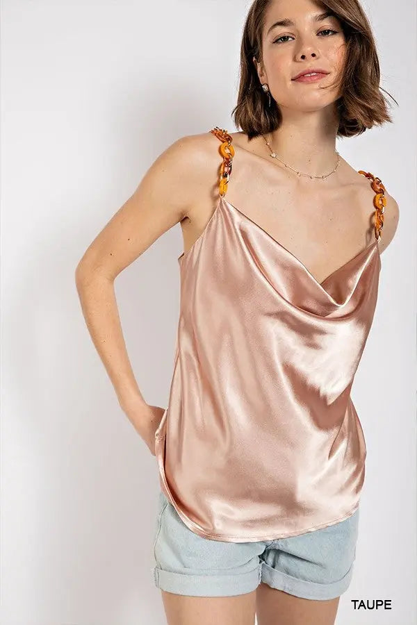 Cowl neck satin camisole with chain strap Sunny EvE Fashion