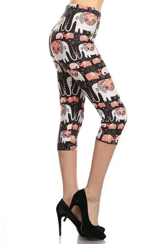 Elephants Printed, High Waisted Capri Leggings In A Fitted Style With An Elastic Waistband Sunny EvE Fashion