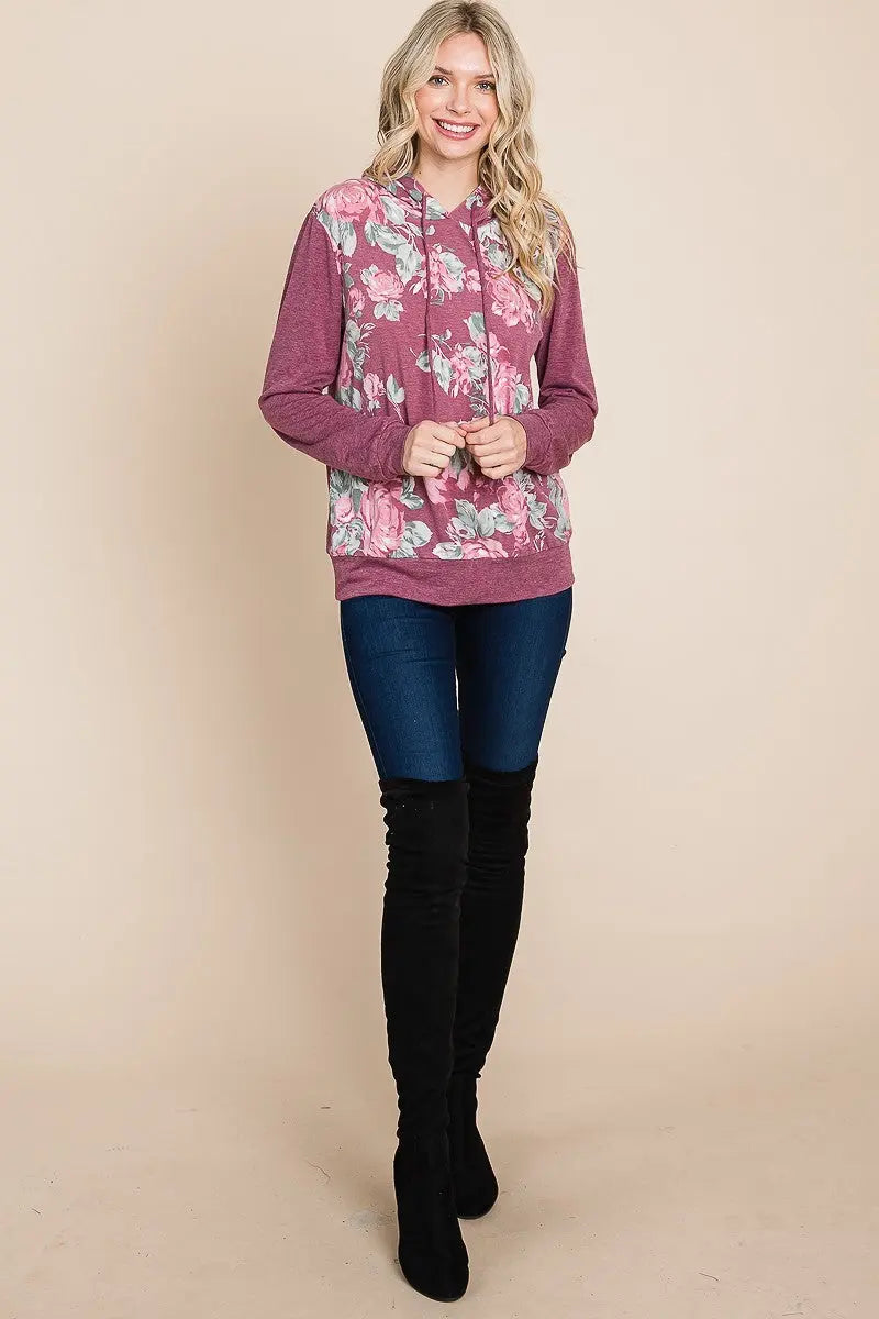 Floral Printed Contrast Hoodie With Relaxed Fit And Cuff Detail Sunny EvE Fashion