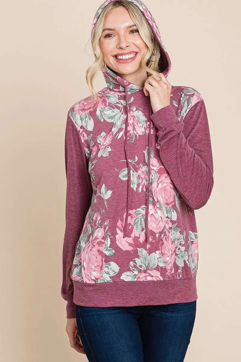 Floral Printed Contrast Hoodie With Relaxed Fit And Cuff Detail Sunny EvE Fashion