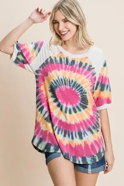 French Terry Tie Dye Printed Casual Mini Bubble Sleeves Tunic Top Sunny EvE Fashion