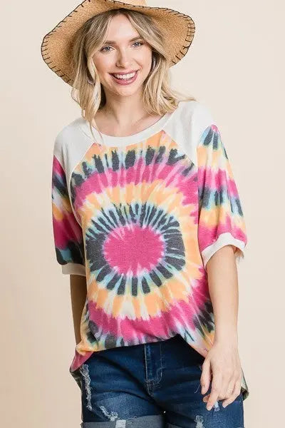 French Terry Tie Dye Printed Casual Mini Bubble Sleeves Tunic Top Sunny EvE Fashion