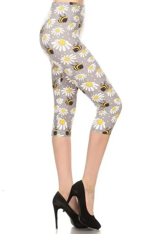 High Waisted Capri Leggings In An Allover Floral And Bee Print Sunny EvE Fashion