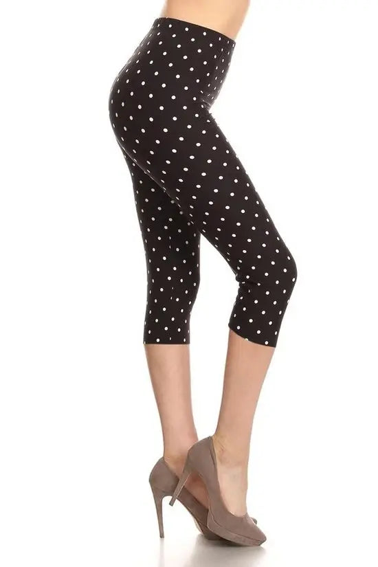 High Waisted Capri Leggings With An Elastic Band In A White Polka Dot Print Over A Black Background Sunny EvE Fashion