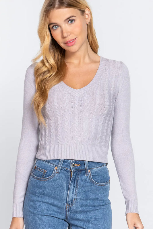 Long Sleeve V-neck Cable Sweater Sunny EvE Fashion