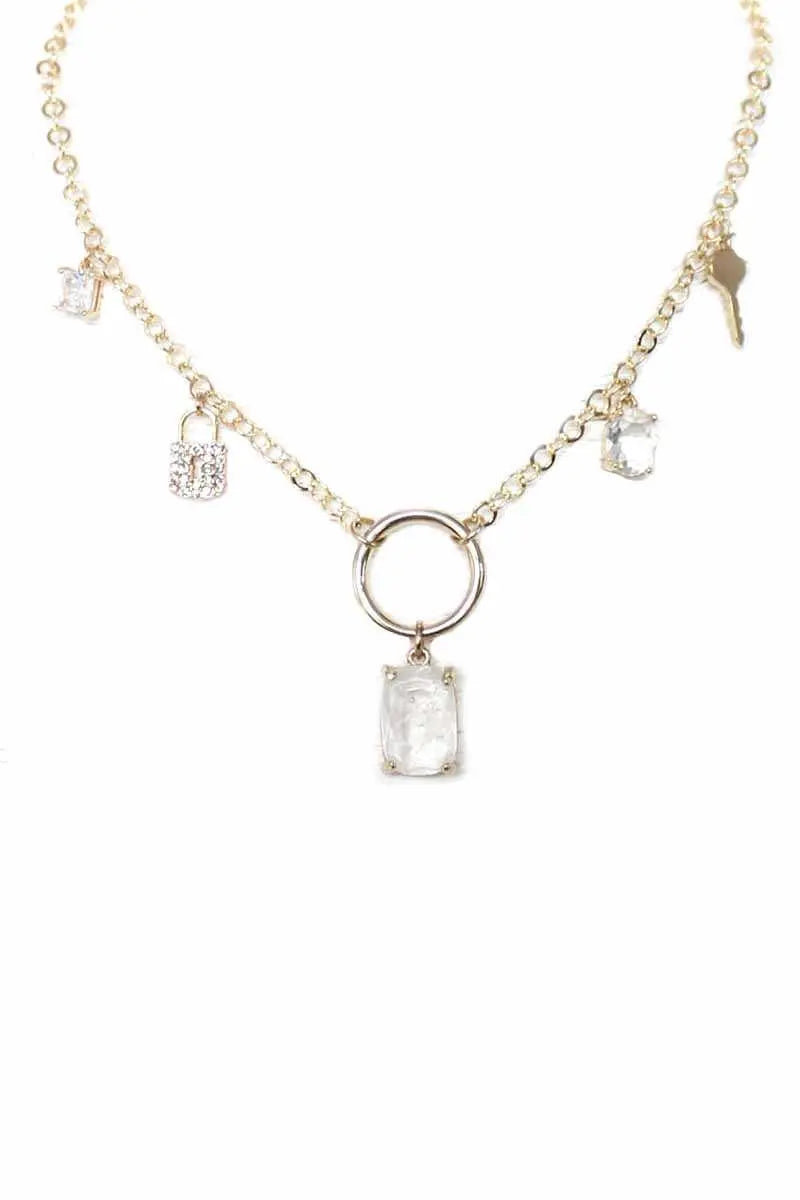 Metal Chain Crystal Stone Lock And Key Dangle Necklace Sunny EvE Fashion