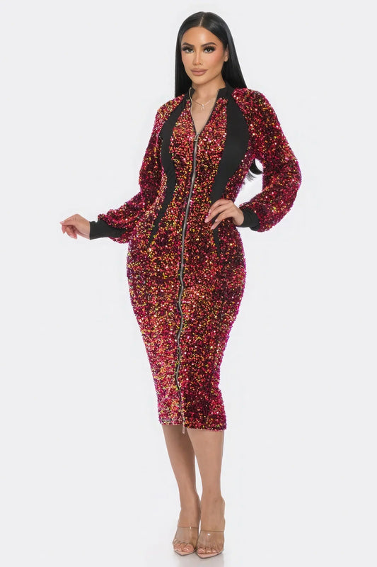 Midi 2 Way Zip Up Sequin Contrast Dress Sunny EvE Fashion