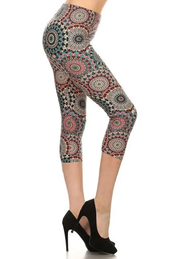 Multi-color Print, Cropped Capri Leggings In A Fitted Style With A Banded High Waist Sunny EvE Fashion