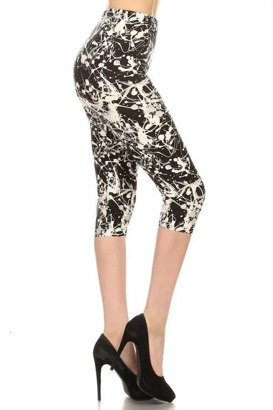 Paint Splatters Printed High Waisted Capri Leggings In A Fitted Style, With An Elastic Waistband Sunny EvE Fashion