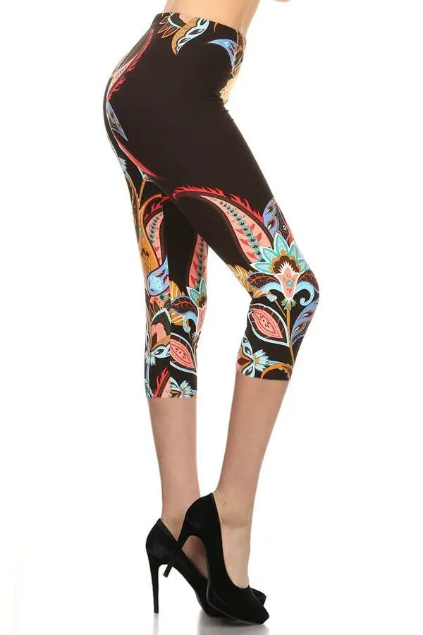 Paisley Floral Pattern Printed Lined Knit Capri Legging With Elastic Waistband. Sunny EvE Fashion
