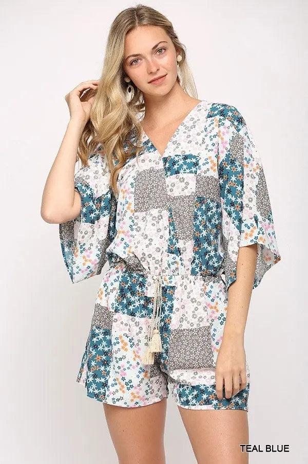 Patchwork Printed Surplice Romper With Waist Tassel Tie And Bottom Lining Sunny EvE Fashion