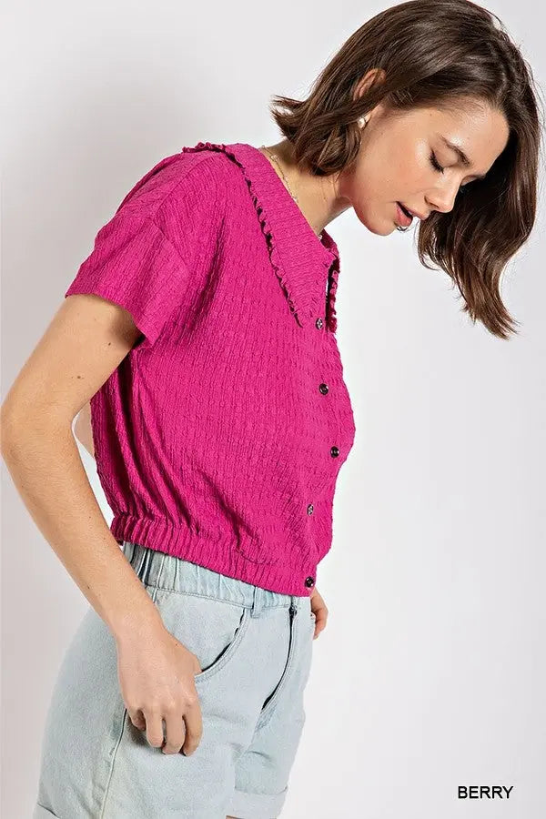 Peter pan collar textured knit button down top Sunny EvE Fashion