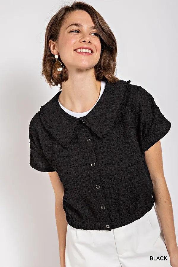 Peter pan collar textured knit button down top Sunny EvE Fashion