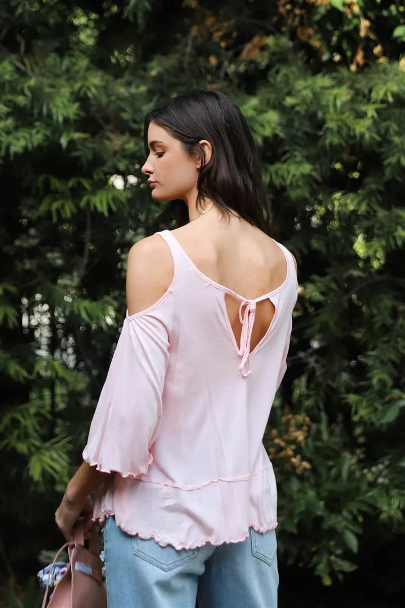Pink Cold Shoulder Back Self-tie Detail Midi Sleeve Lettuce Edge Top Sunny EvE Fashion