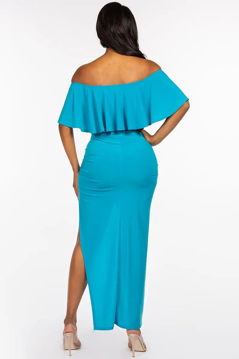 Solid Ity Off The Shoulder Ruffled Cropped Top And Ruched Maxi Skirt Two Piece Set Sunny EvE Fashion