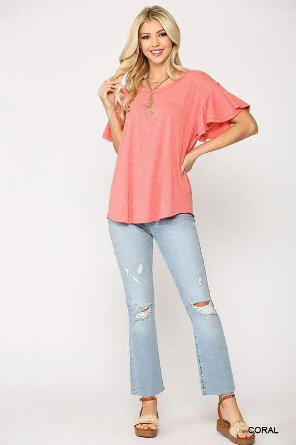 Solid Round Neck Frill Sleeve Top With Scoop Hem Sunny EvE Fashion