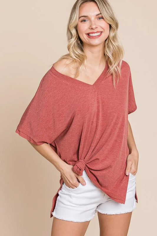 Solid V Neck Casual And Basic Top With Short Dolman Sleeves And Side Slit Hem Sunny EvE Fashion