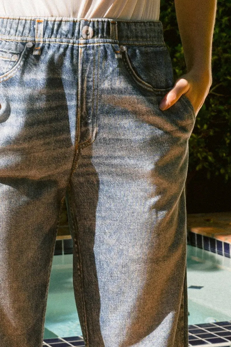Waist Elastic High-rise, Straight Fake Denim Print Pants Sunny EvE Fashion