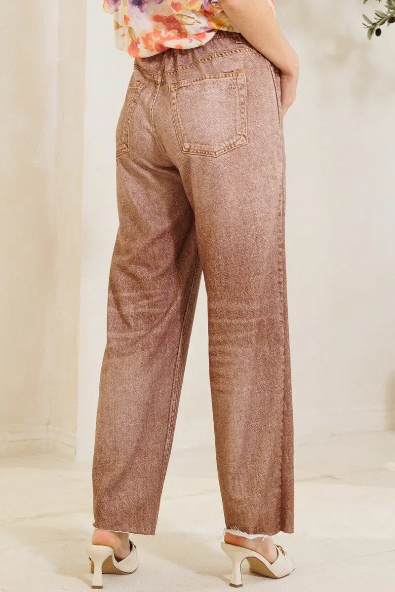 Waist Elastic High-rise, Straight Fake Denim Print Pants Sunny EvE Fashion