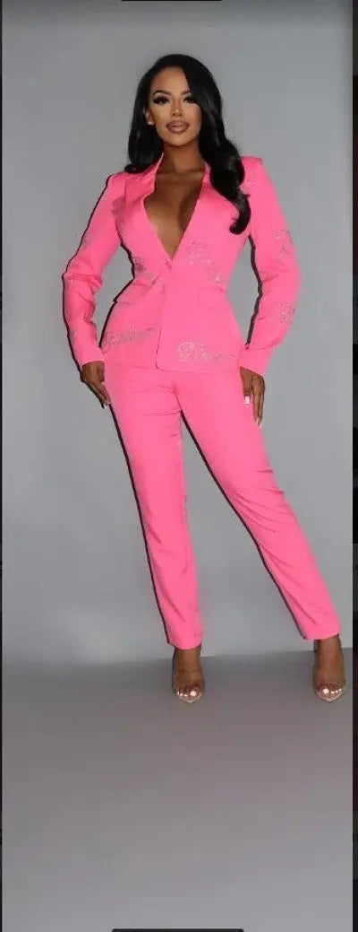 2 Piece Powersuit Blazer & Pants Set With Rhinestone Letterings On Blazer Sunny EvE Fashion