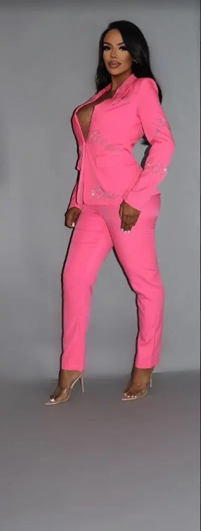 2 Piece Powersuit Blazer & Pants Set With Rhinestone Letterings On Blazer Sunny EvE Fashion