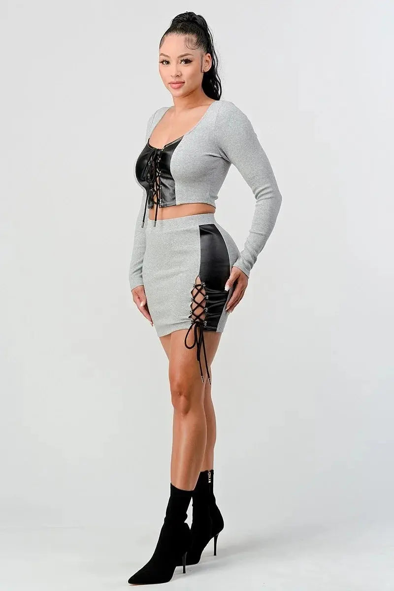 2 Piece Set With Cropped Long Sleeve Shirt With Pu Leather Detail Matching Mini Skirt Sunny EvE Fashion