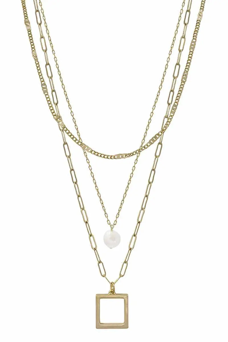 3 Layered Metal Chain Square & Pearl Pendant Necklace Sunny EvE Fashion
