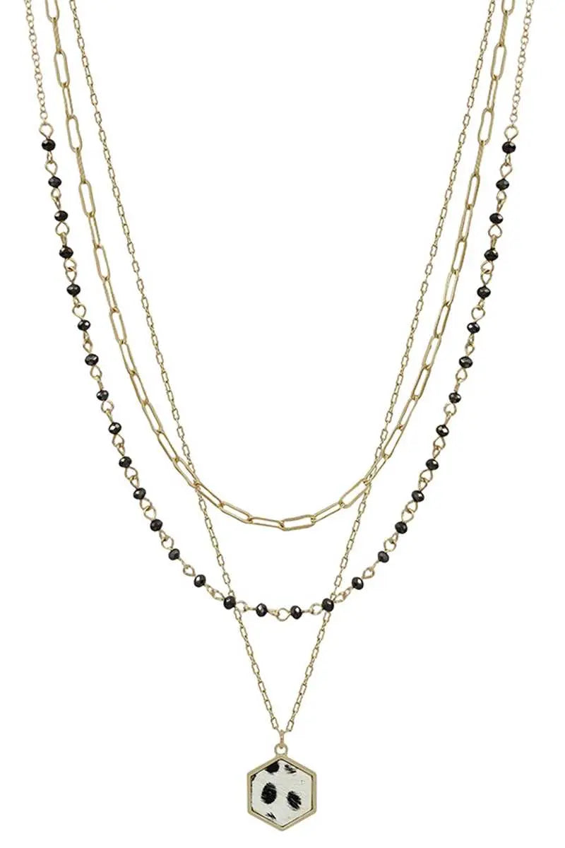 3 Layered Metal Crystal Bead Chain Hexagon Leopard Pendant Necklace Sunny EvE Fashion