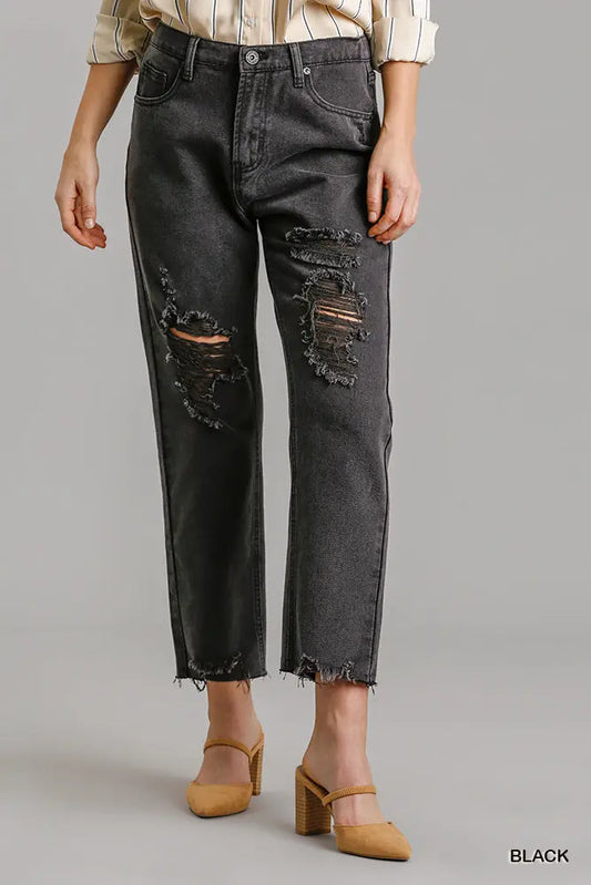 5 Pockets Non-stretch Straight Cut Distressed Denim Jeans With Raw Hem Sunny EvE Fashion
