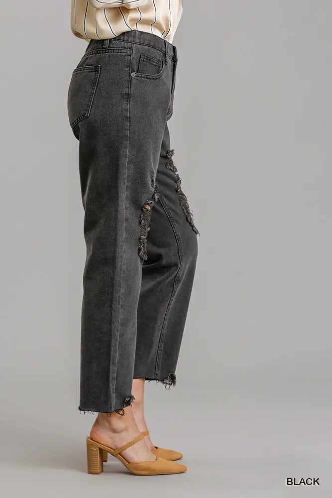 5 Pockets Non-stretch Straight Cut Distressed Denim Jeans With Raw Hem Sunny EvE Fashion