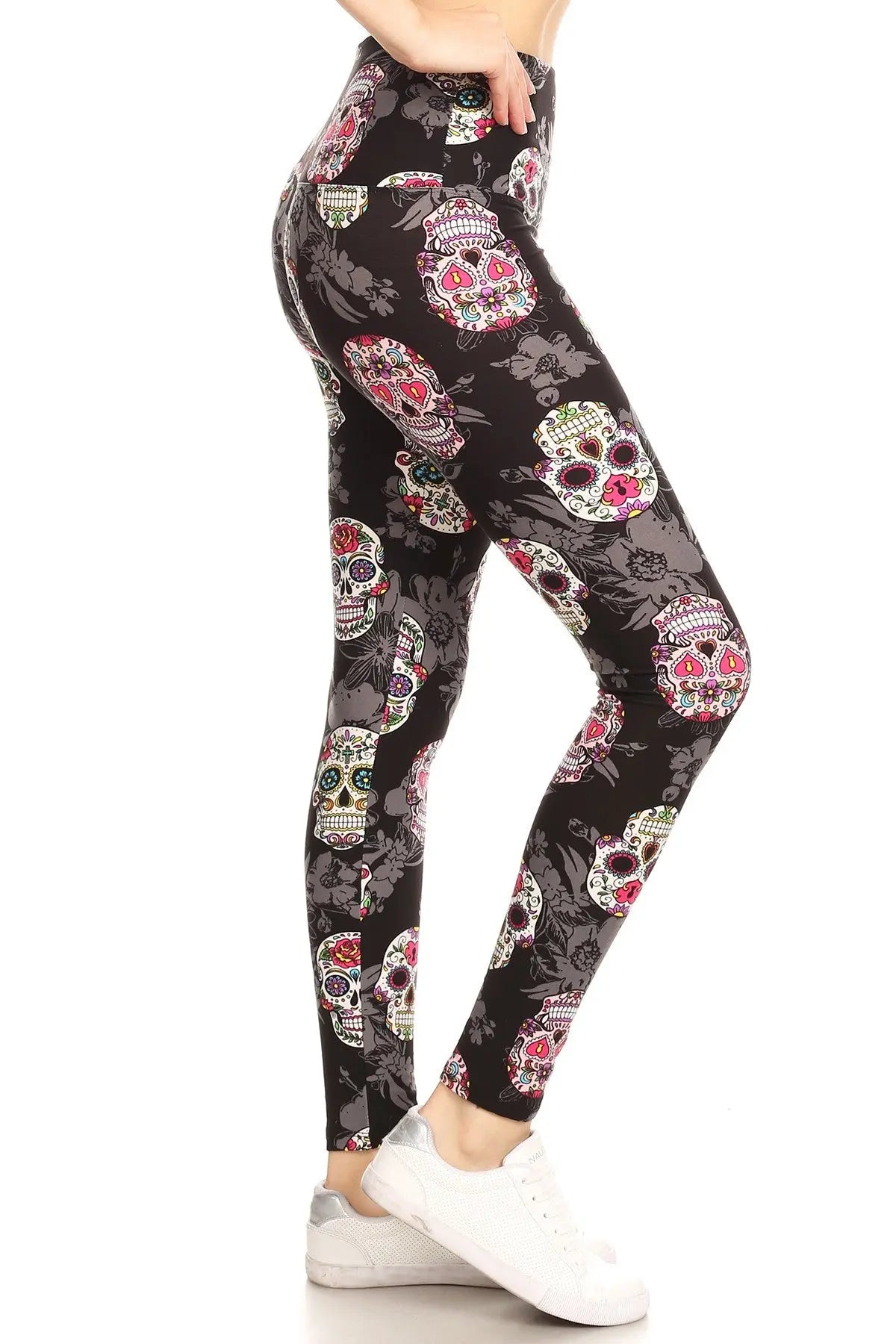 5-inch Long Yoga Style Banded Lined Skull Printed Knit Legging With High Waist Sunny EvE Fashion