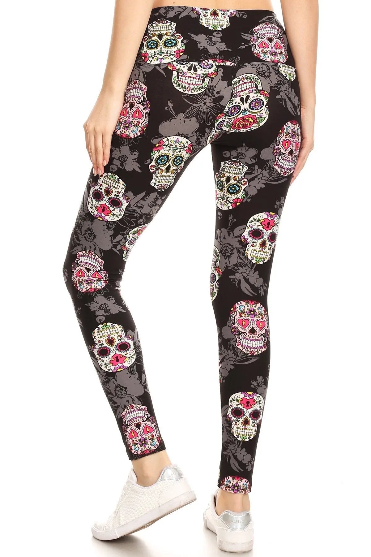 5-inch Long Yoga Style Banded Lined Skull Printed Knit Legging With High Waist Sunny EvE Fashion
