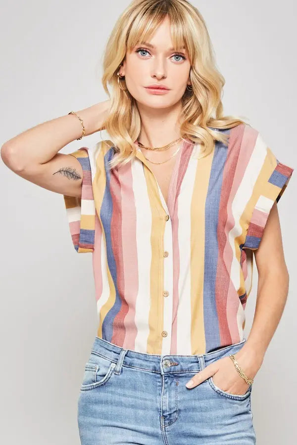A Woven Shirt In Multicolor Striped With Collared Neckline Sunny EvE Fashion
