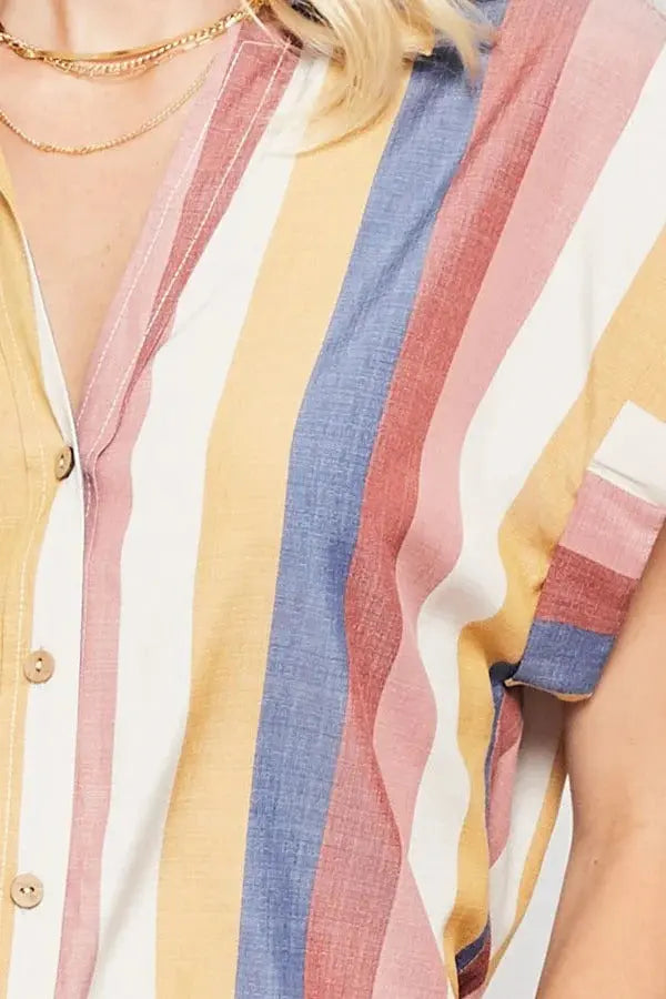 A Woven Shirt In Multicolor Striped With Collared Neckline Sunny EvE Fashion