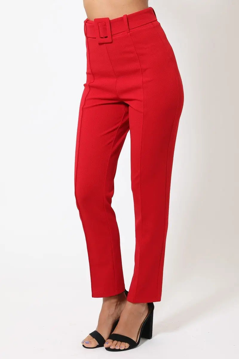 Ankle Tapered Self-fabric Buckle Belt Pants Sunny EvE Fashion
