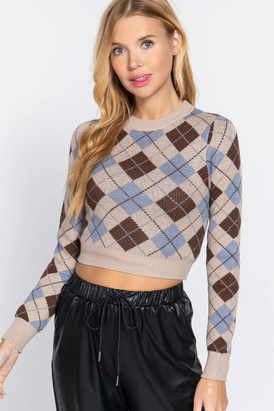 Argyle Jacquard Crop Sweater Sunny EvE Fashion