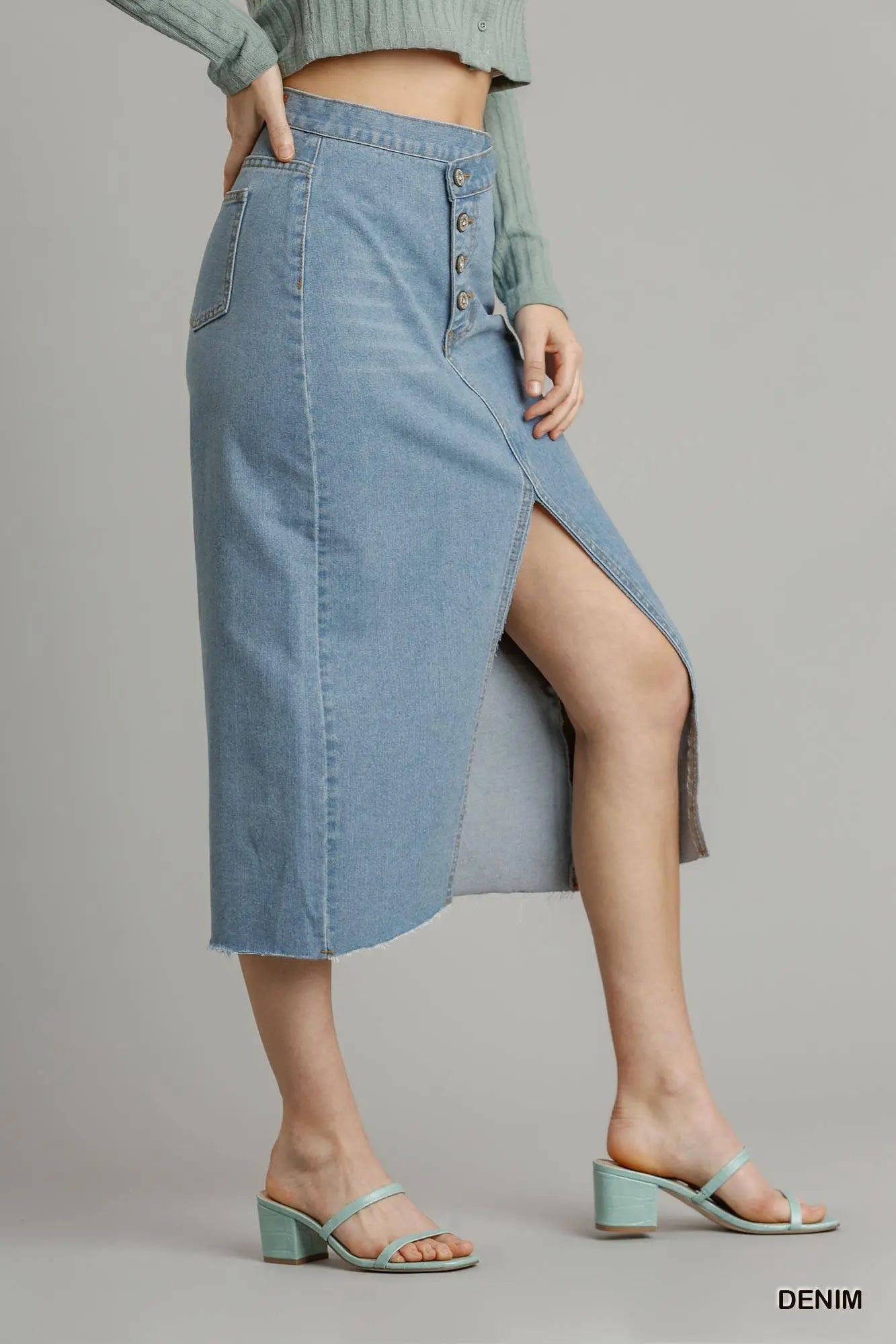 Asymmetrical Waist And Button Up Front Split Denim Skirt With Back Pockets And Unfinished Hem Sunny EvE Fashion