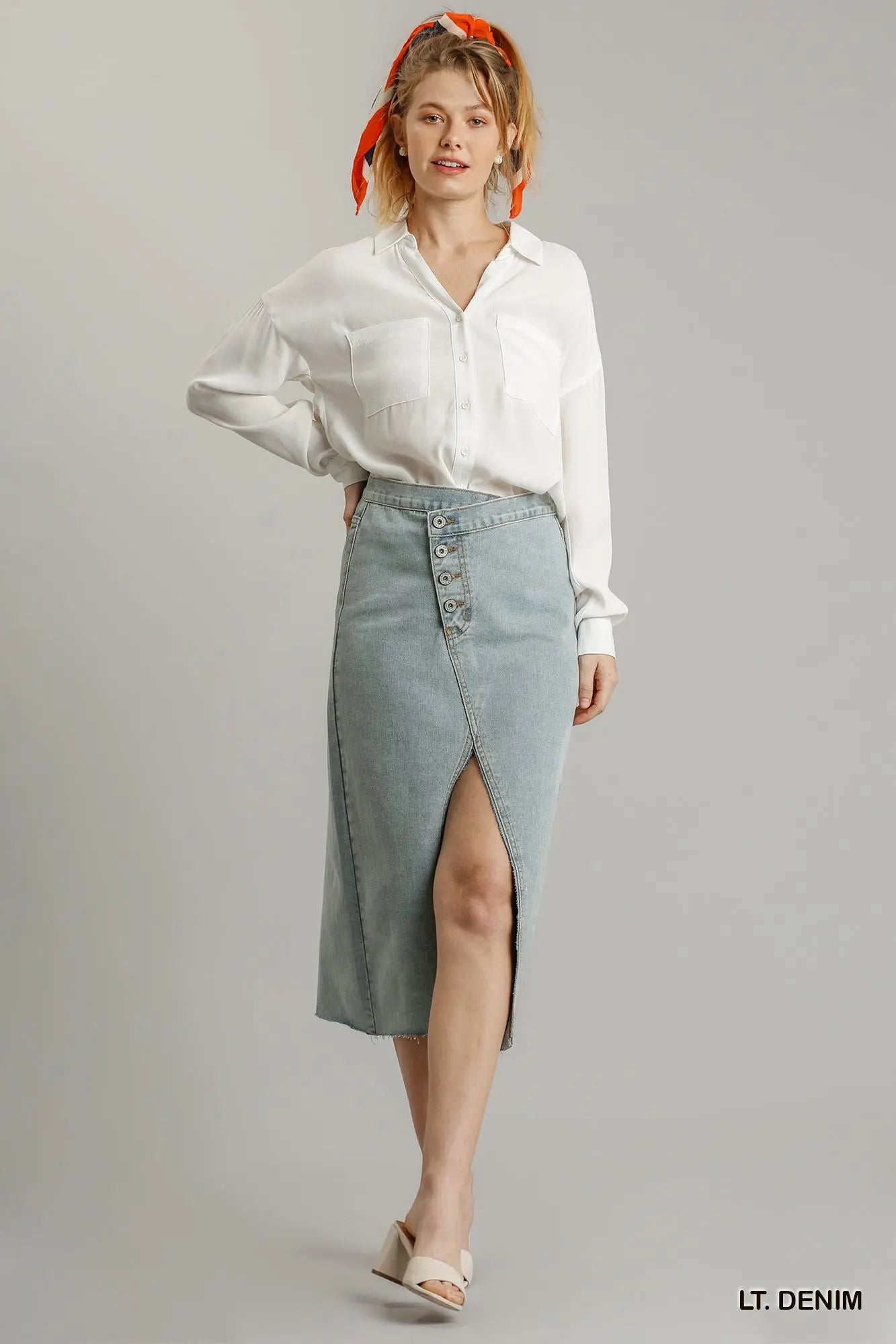 Asymmetrical Waist And Button Up Front Split Denim Skirt With Back Pockets And Unfinished Hem Sunny EvE Fashion