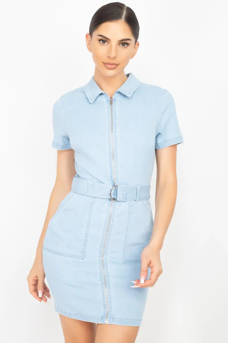 Belted Bodycon Collared Denim Dress Sunny EvE Fashion