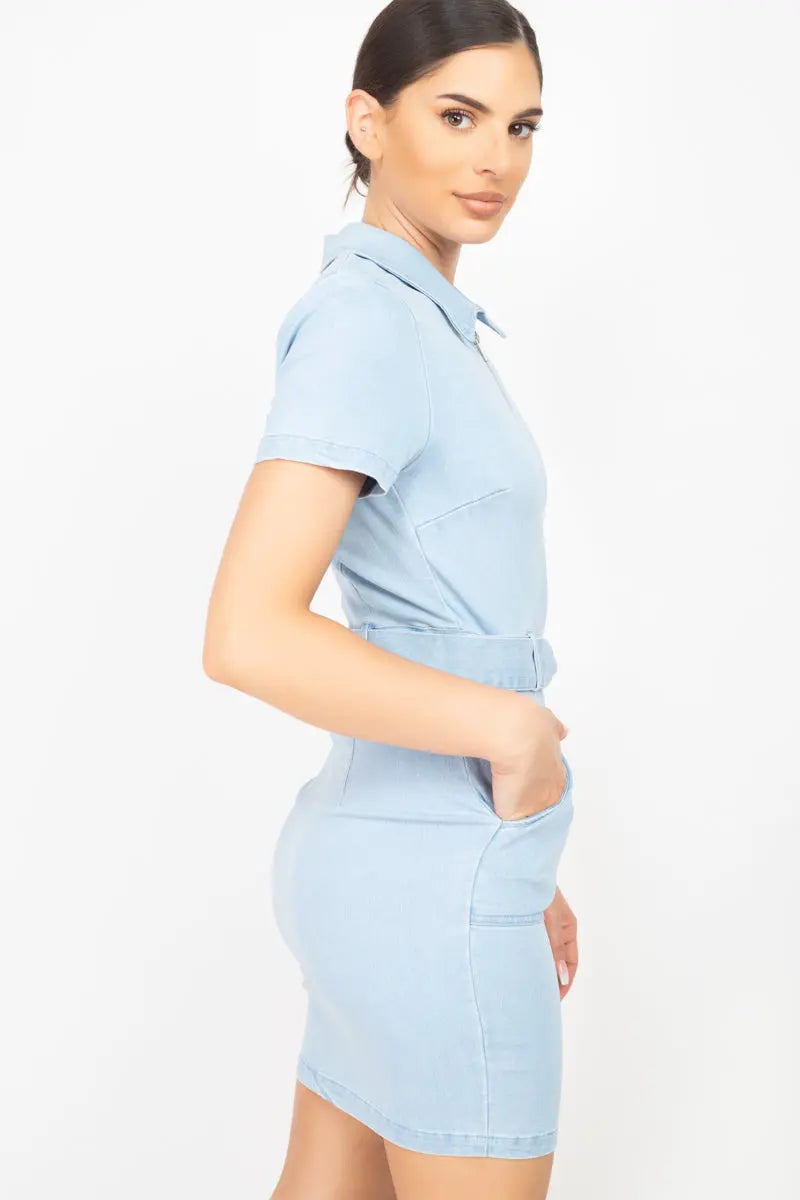 Belted Bodycon Collared Denim Dress Sunny EvE Fashion