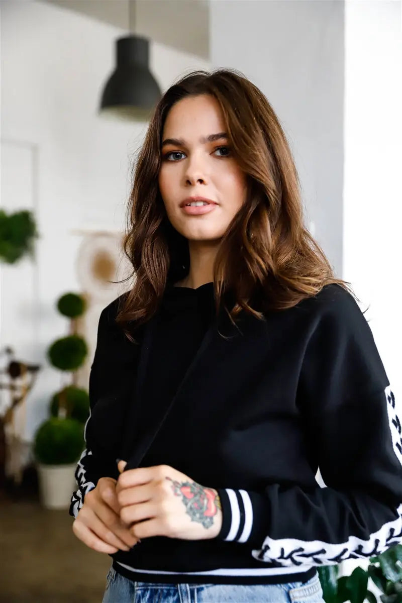 Black Contrast Lace Up Sleeve Detail Striped Cuff & Hem Hooded Sweatshirt Sunny EvE Fashion